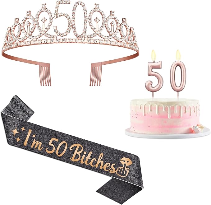 50th Birthday Decoration for Women with I'm 50 Bitches Sash, Rose Gold Tiara, Rose Gold Numbers 50 Candles, Sincere 50th Birthday Gifts for Women