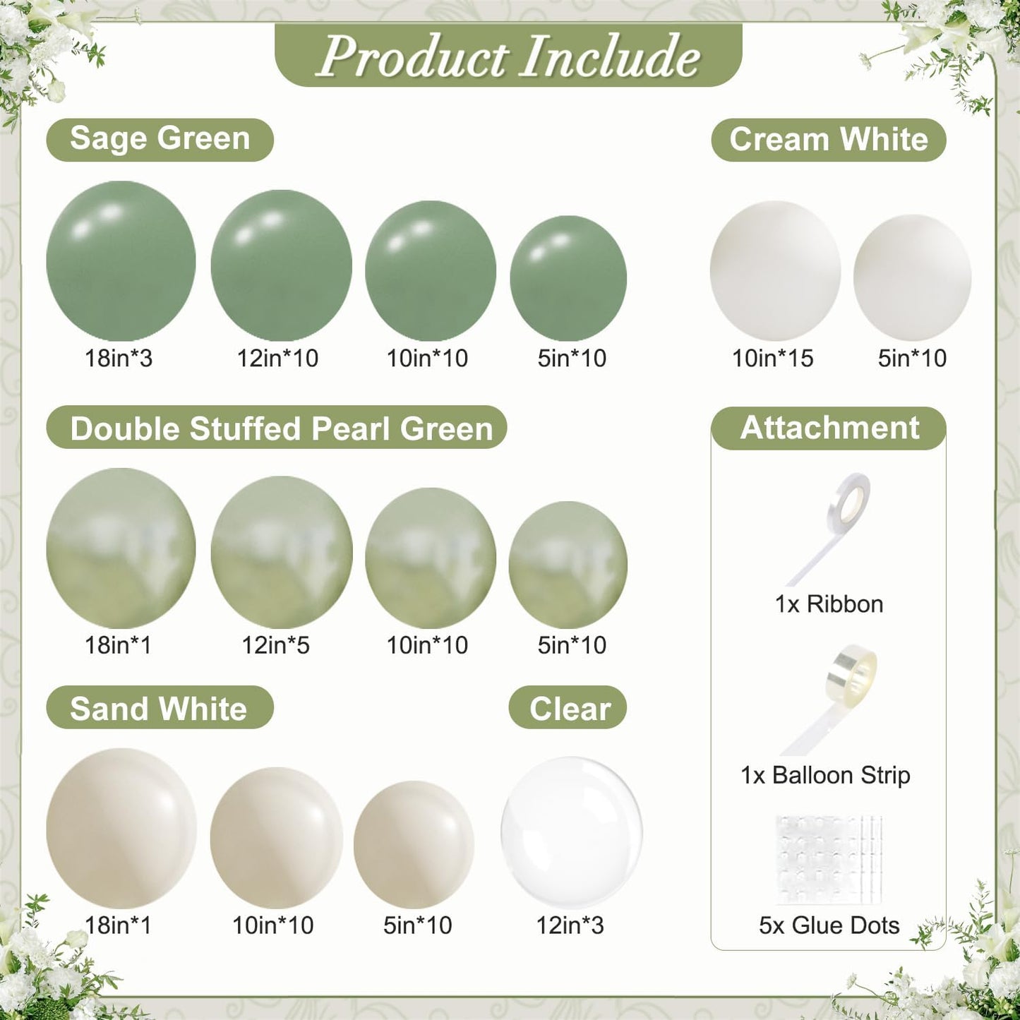 Sage Green Balloon Arch Kit 108Pcs Double Stuffed Pearl Green Sage Green Sand White Clear Balloons for Bridal Shower Baby Shower Birthday Wedding Engagement Party Decorations
