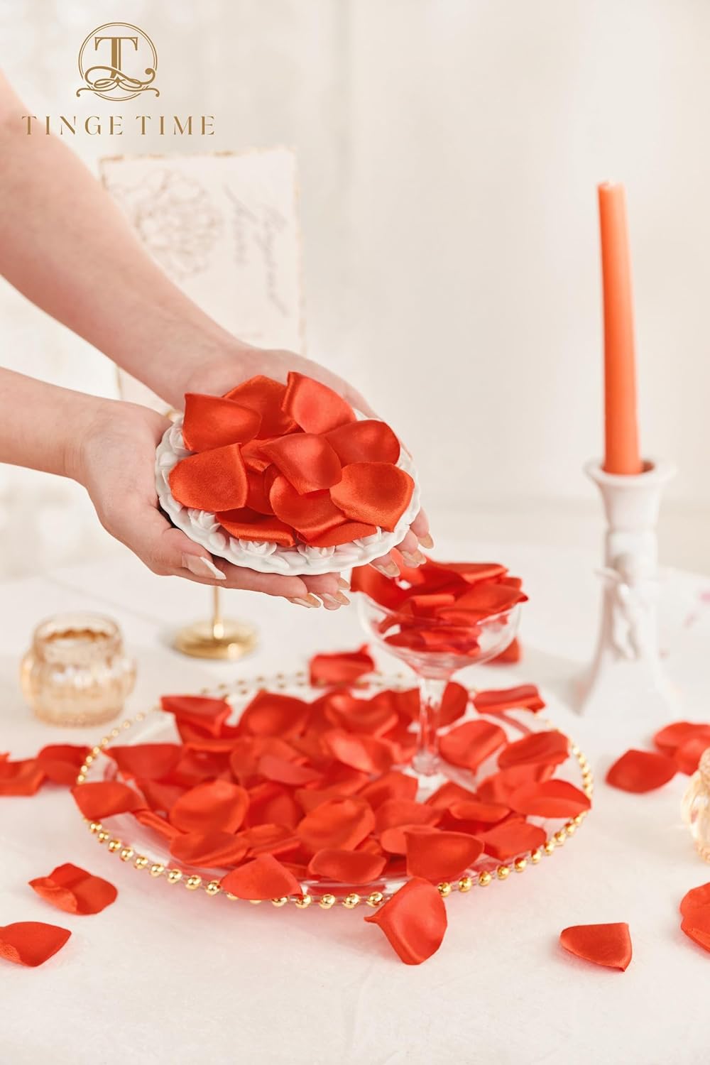 TINGE TIME 300pcs Silk Rose Petals Burnt Orange Heart Flower Petals for Wedding Flower Girl Basket Aisle Scatter Dinner Table Centerpieces Party Confetti Bridal Shower Romantic Night Decoration