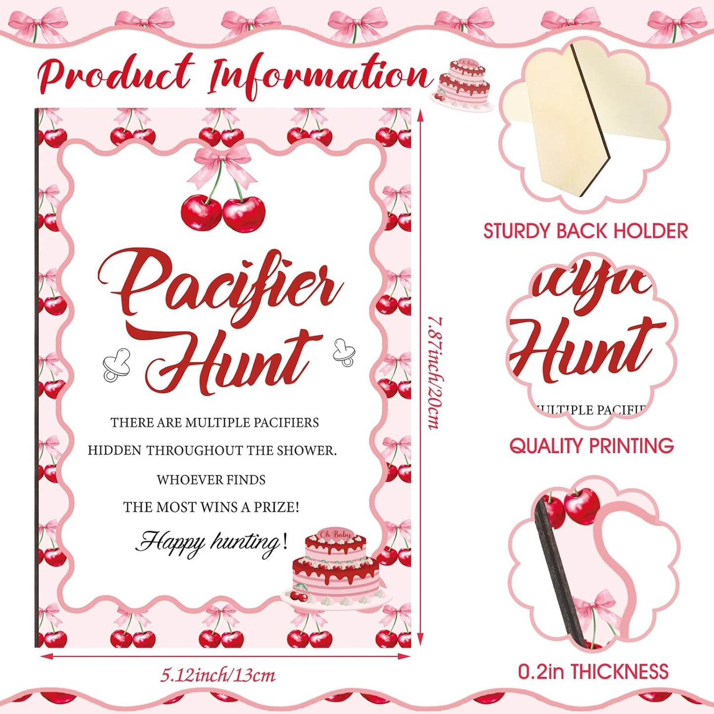 Thyle 51 Pcs She's Our Cherry on Top Baby Shower Games Red Cherry Pacifier Hunt Include Hunt Sign and 50 Acrylic Pacifiers for Christmas Baby Shower Game Decoration Gift Sets Gender Reveal Party Decor