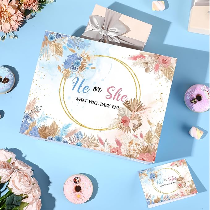 Gender Reveal Gift Bag Blue Pink Boy or Girl Paper Bag with Wrapping Paper Card What Will Baby Be Party Decoration Boho Flower Treat Candy Bag for Baby Shower Gender Reveal Birthday Party Supplies