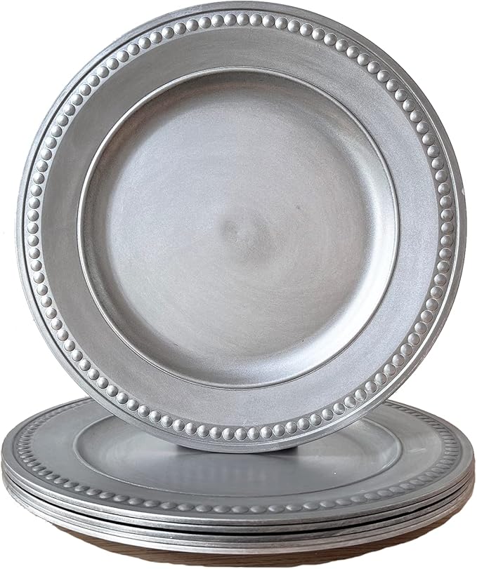 Antique Silver Charger Plates,13 Inch Vintage Dinner Plate Chargers Round Server Ware.Set of 6 Plastic Beaded Chargers for Dinner Plates, Party, Wedding(Silver)