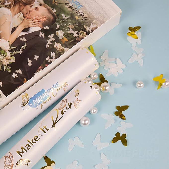 PrimePure Confetti Cannon Party Poppers - Butterfly White Confetti Poppers - 6 Pack - White Paper & Gold Butterfly Pop Gun for Wedding Send Off, Bridal Shower, Graduation, Birthday, Parties