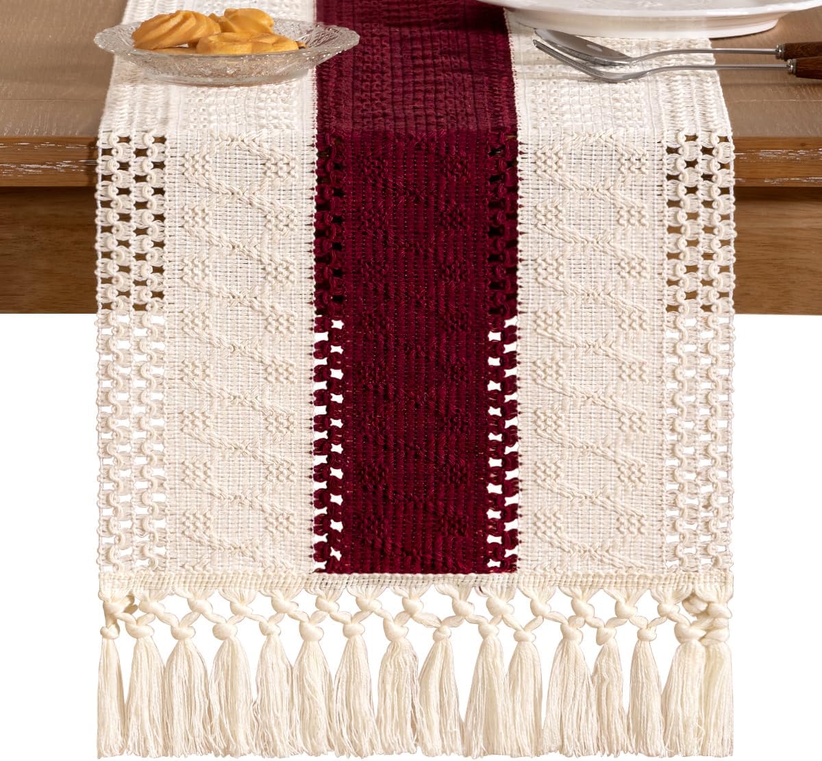 Socomi Boho Table Runner Fall Thanksgiving Farmhouse Rustic Dining Kitchen Centerpiece Decor Small Macrame Woven Cotton Linen Coffee Table Runner for Dresser Scarf Home Decor 12x36 in Burgundy Ivory