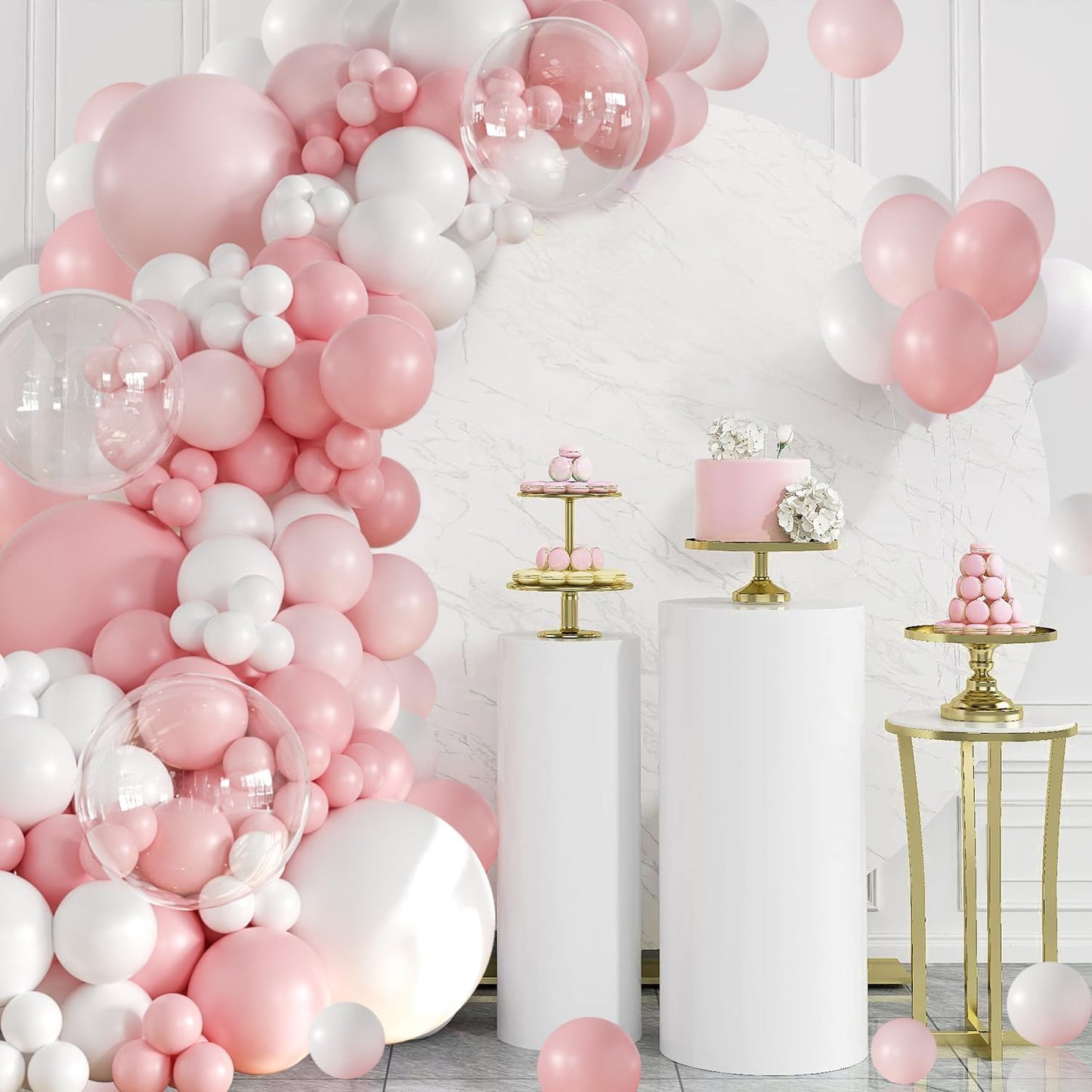 Pink Balloon Arch Kit 132Pcs Pink and White Balloon Arch Garland Kit Include Light Pink White Balloons Clear Balloons for Birthday Wedding Baby Shower Anniversary Bachelorette Bridal Party Decorations