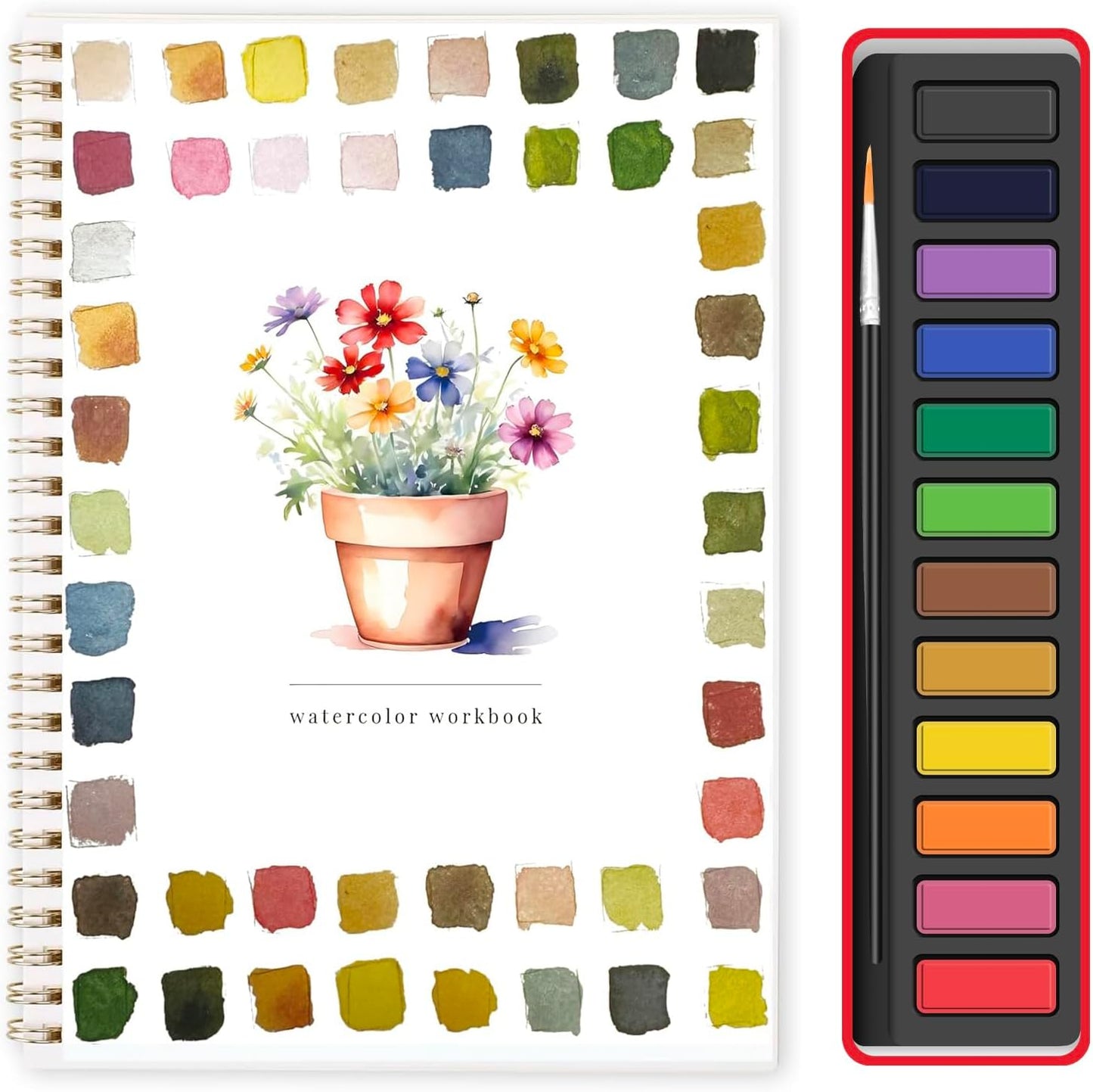 Watercolor Workbook, Water Coloring Book,Watercolor Paint Set, Beginner-Friendly Watercolor Workbooks, with 12 Colors Watercolor Paint Set with Paint Brush - Christmas Gift(Potted Plant)