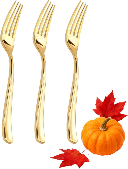 WDF 300PCS Gold Plastic Forks - Heavy Duty Gold Forks Disposable - Sturdy&Durable Plastic Silverware Bulk for Wedding/Thanksgiving Party/Daily Using