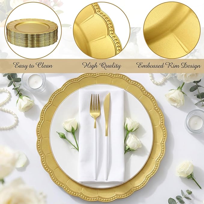 24 Pack Metallic Charger Plates 13inch Round Elegant Serving Plates Plastic Disposable Chargers Bulk Dinnerware Set for Dinner Wedding Party Events Catering Decoration (Gold,Scalloped Rim)