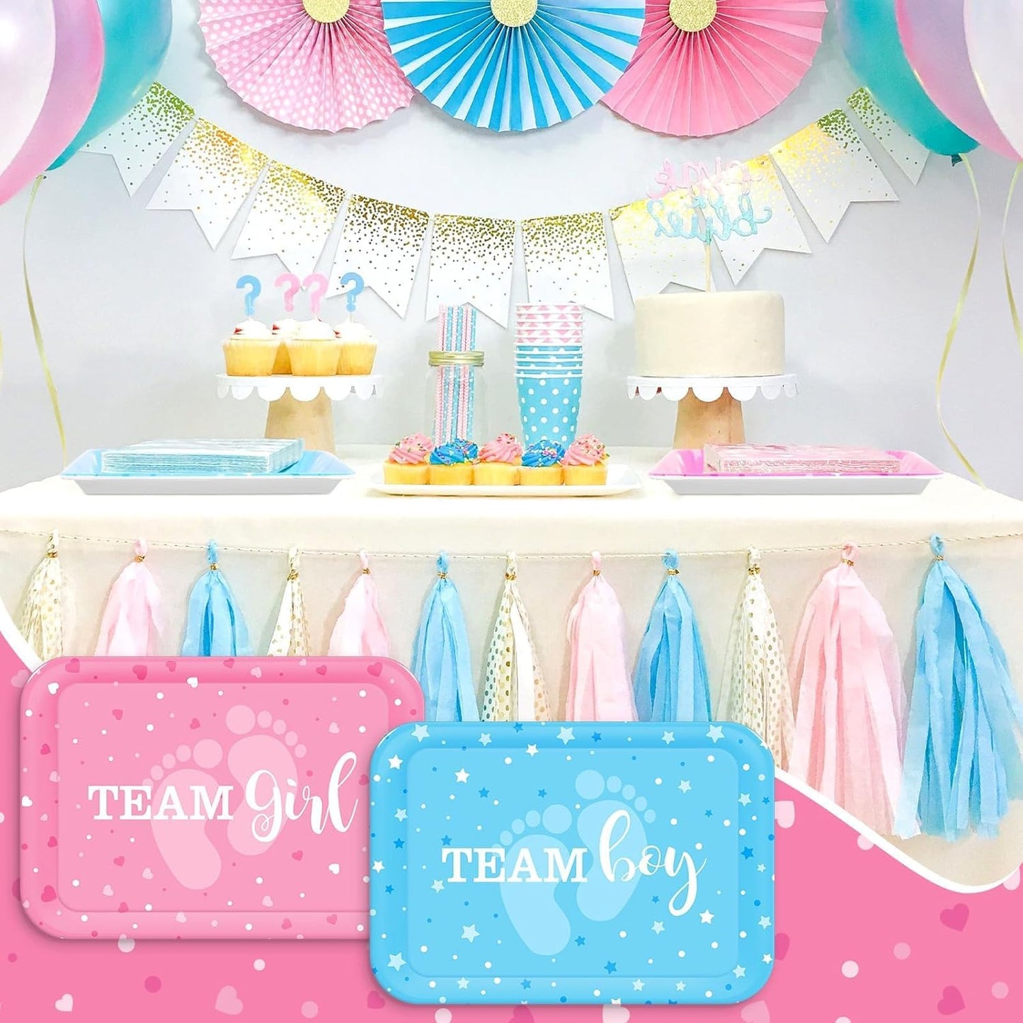 Gender Reveal Serving Fruit Tray, 4 PCS Rectangle Melamine Dinner Tray, 13x9.6IN Reusable Blue and Pink Baby Shower Decoration Platter, for Gender Reveal Kids Newborn Birthday Party Supplies