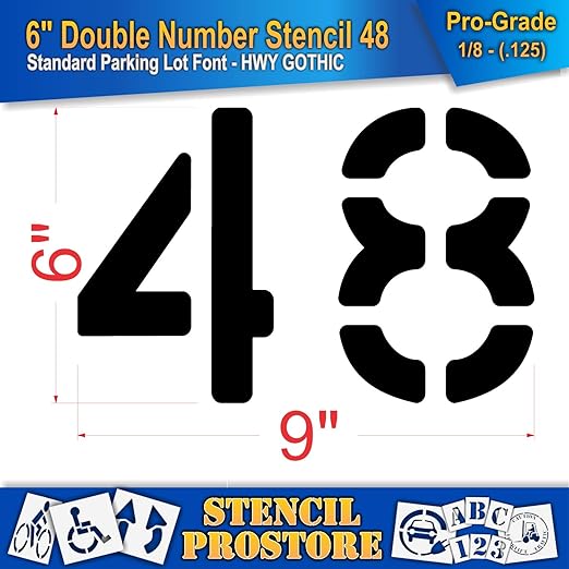 Pavement, Curb, and WheelStop Stencils - 6 inch Double Number Stencil - (48) - 6" x 9" x 1/8" (128 mil) - Pro-Grade