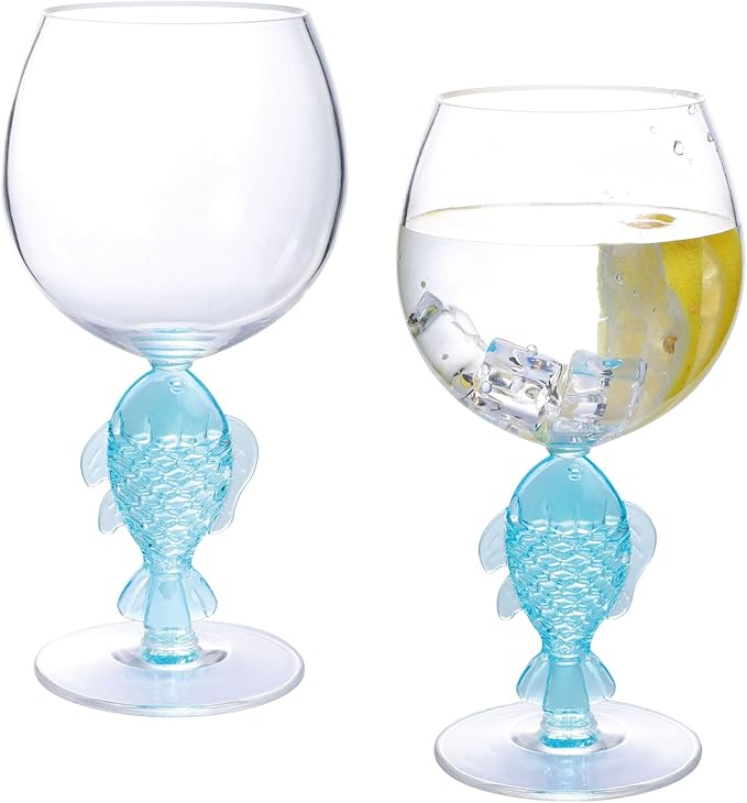 Supreme Housewares Fish Stem Wine Glasses, Blue Fish-Shaped Reusable Shatterproof Acrylic Glass for Red or White Wine, Poolside, Outdoors, Parties, 18 oz, Set of 2