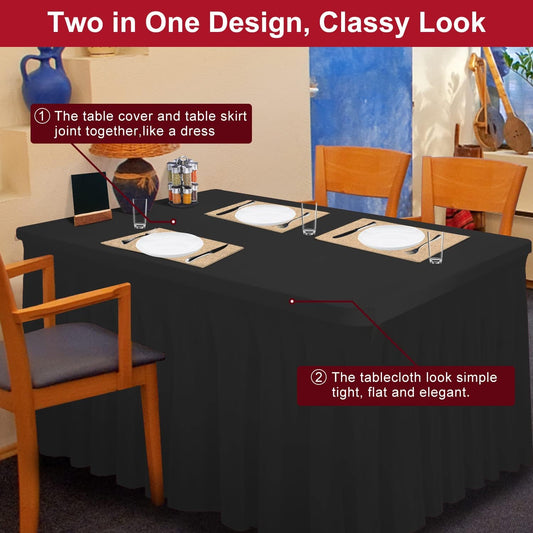 Thick 2 in 1 Spandex Table Skirt and Cover 8ft, Rectangle Fitted Tablecloth with Pleated Skirt, Wrinkle Free Rectangular Table Cloth for Banquets and Vendor Event (Black, 96"*30"*29")