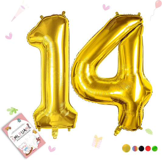 Smlpuame Gold Balloon, 40 inch Number 14 Foil, for Birthday, Graduation, Wedding Anniversary Decorations, Includes Glue, Tying Tool