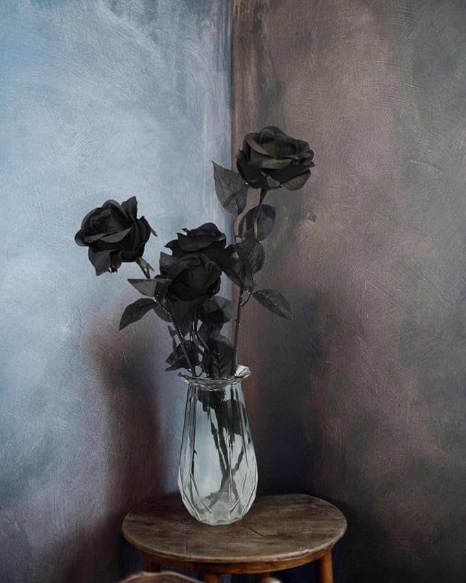 Black Roses Artificial Flowers, 12 Pcs Fake Rose in Bulk, Long Stem Realistic Silk Roses Bouquet for Centerpieces Flower Arrangement, Halloween Home Decor, Gothic Decoration (Black2, 12-PCS)