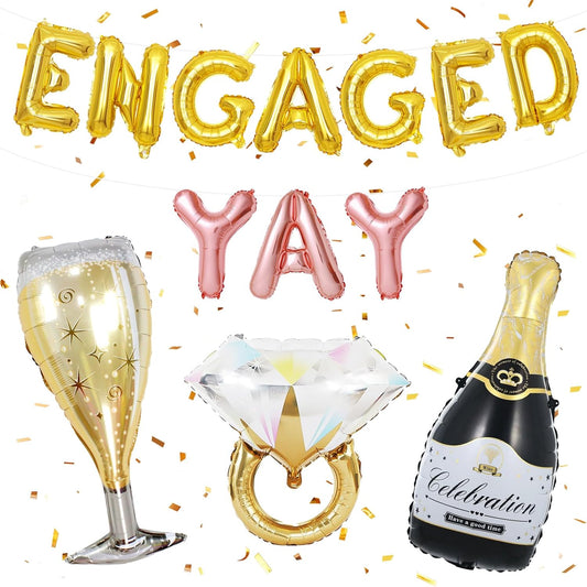 Gold Engagement Party Decorations, Engaged Yay Balloons Letters Banner, Diamond Ring Black Champagne Bottle Balloon Glass Foil Balloon for Bachelorette Engagement Wedding Bridal Shower Party Supplies