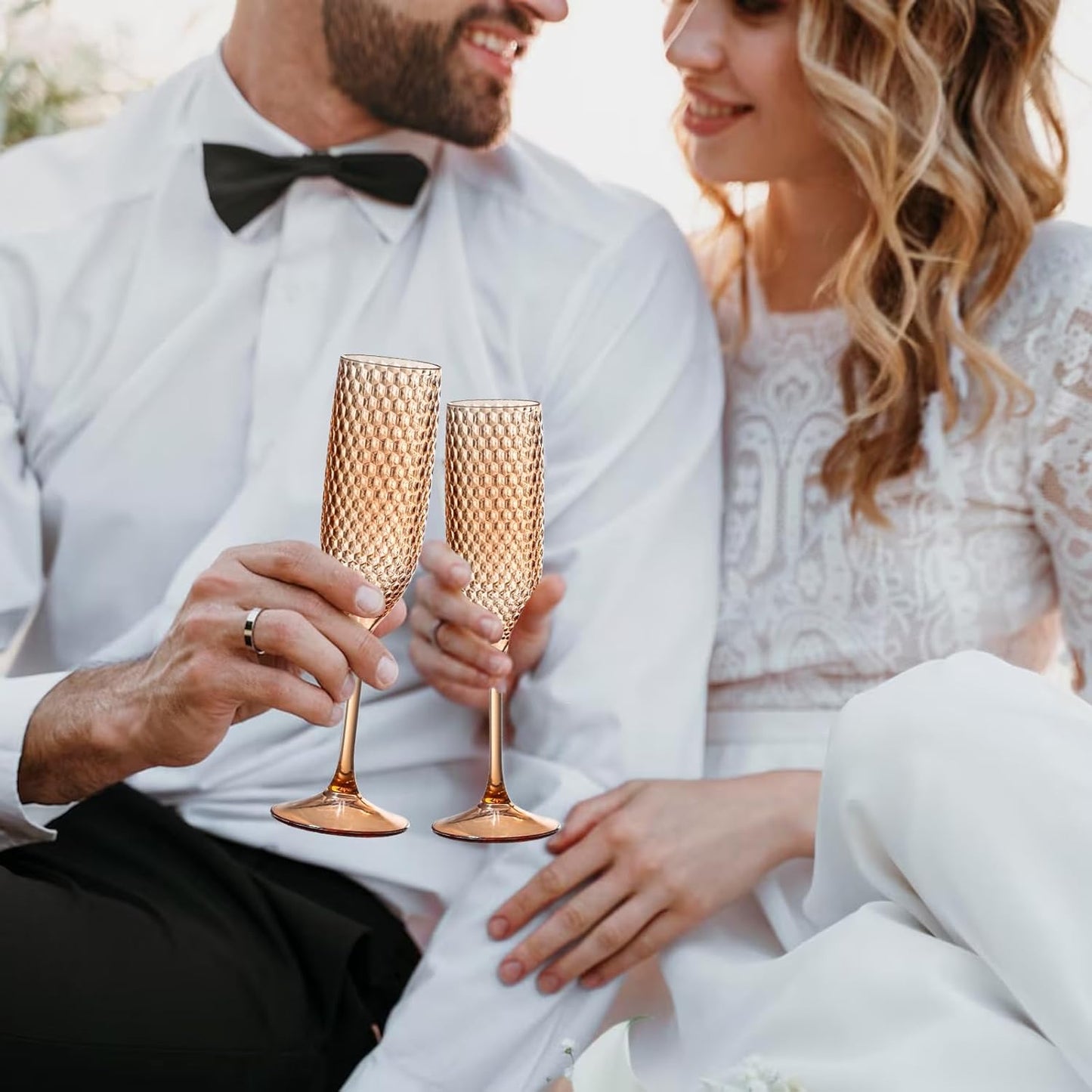 12 Pack Plastic Champagne Flutes - Rose Gold Goblet Glasses, Unbreakable Wedding Toasting Diamond Wine Crystal Cups, Clear Drinking Glasses 5.5 OZ for Bridal Shower