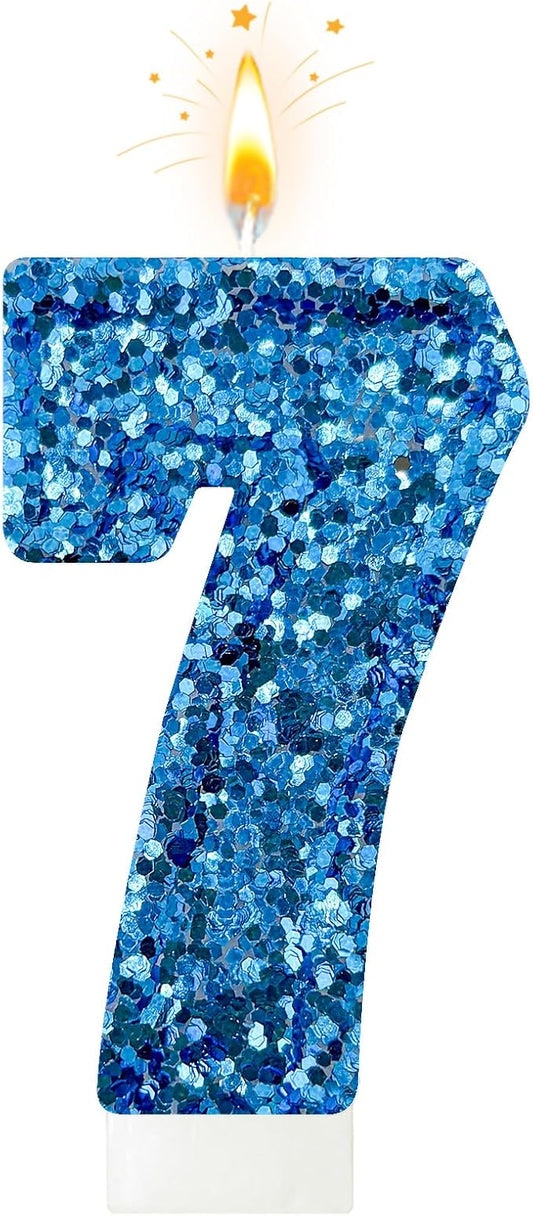 Zailo Birthday Number Candles, Glitter Number Candle Cake Decorations with Sequins, Cupcake Decorations for Girls, Women, Party Anniversary Celebrations (Number 7, Blue)
