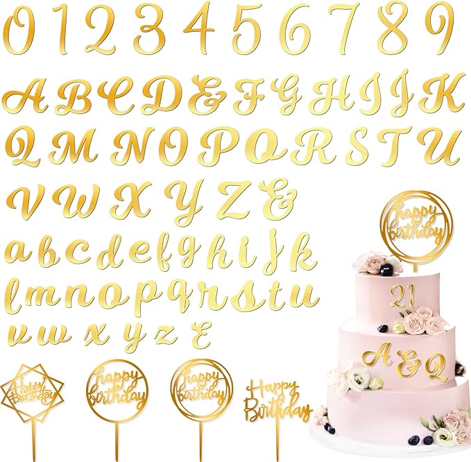 Teenyyou 68 Pcs Acrylic Alphabet Number Cake Topper 0-9 Number and A-z Letters Personalized Cake Picks Decor DIY Name Cupcake Toppers Christmas Wedding Baby Shower Party(Gold)