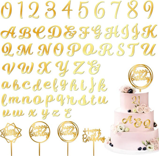 Teenyyou 68 Pcs Acrylic Alphabet Number Cake Topper 0-9 Number and A-z Letters Personalized Cake Picks Decor DIY Name Cupcake Toppers Christmas Wedding Baby Shower Party(Gold)