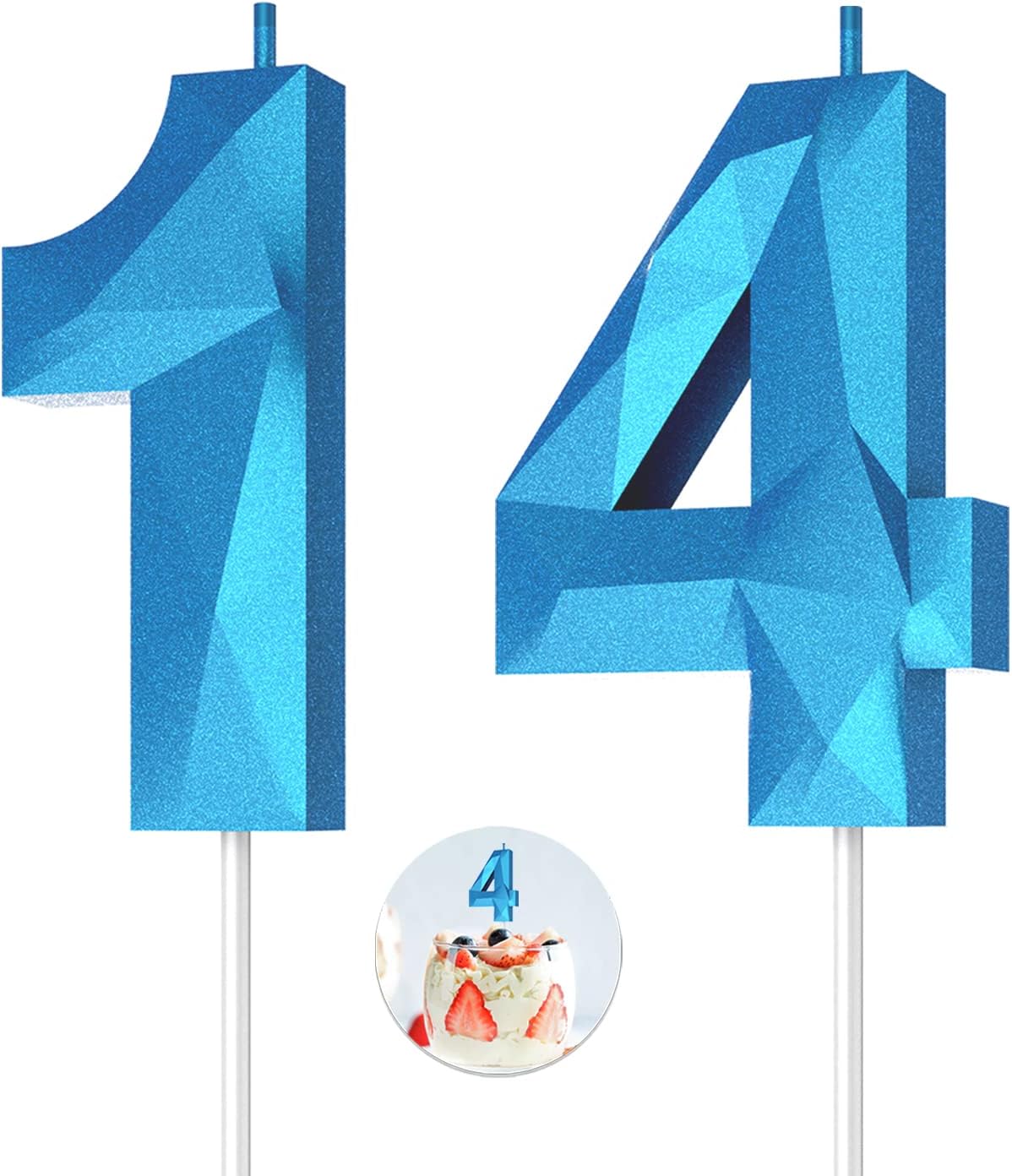 Number Birthday Candles(14 Candle Blue) 3D Diamond Shape Number Happy Birthday Cake Candles for Birthday Party Wedding Decoration Reunions Theme Party