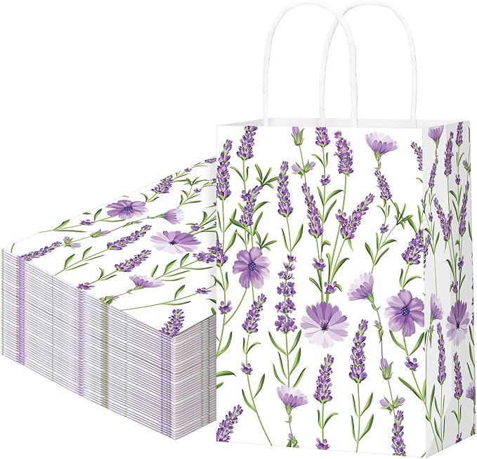 Marspark 24 Pcs Lavender Paper Gift Bags for Birthday Wedding Baby Shower Party Supplies Purple Treat Bag with Handles Candy Goodie Bags for Guests Mothers' Day, Valentine's Day, 8.3'' x 5.9'' x 3.1''