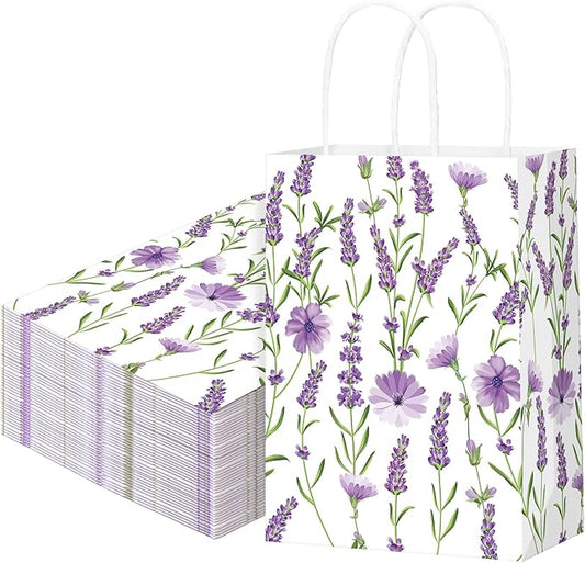 Marspark 24 Pcs Lavender Paper Gift Bags for Birthday Wedding Baby Shower Party Supplies Purple Treat Bag with Handles Candy Goodie Bags for Guests Mothers' Day, Valentine's Day, 8.3'' x 5.9'' x 3.1''