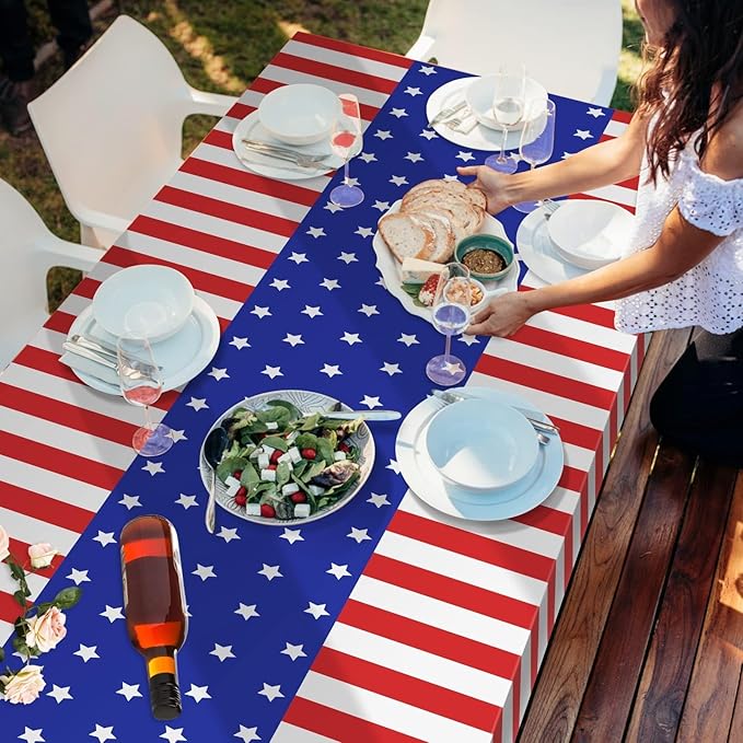 Childom 2 Pack Patriotic Tablecloths,Patriotic Decorations 54" x 108" Disposable American Flag Tablecloths for Event Accessories,Plastic Table Cloth for Veterans,July 4th,Picnic,Dinner,Party Supplies