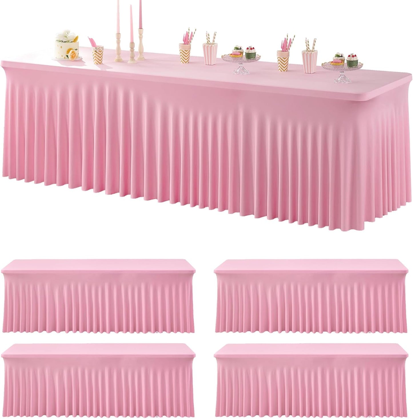 4 pk Spandex Tablecloths for 8 Foot Rectangle Tables, Pink Stretch Table Cloth 8ft Fitted Tablecover Desk Skirt for Parties Weddings Birthday Banquet Baby Shower