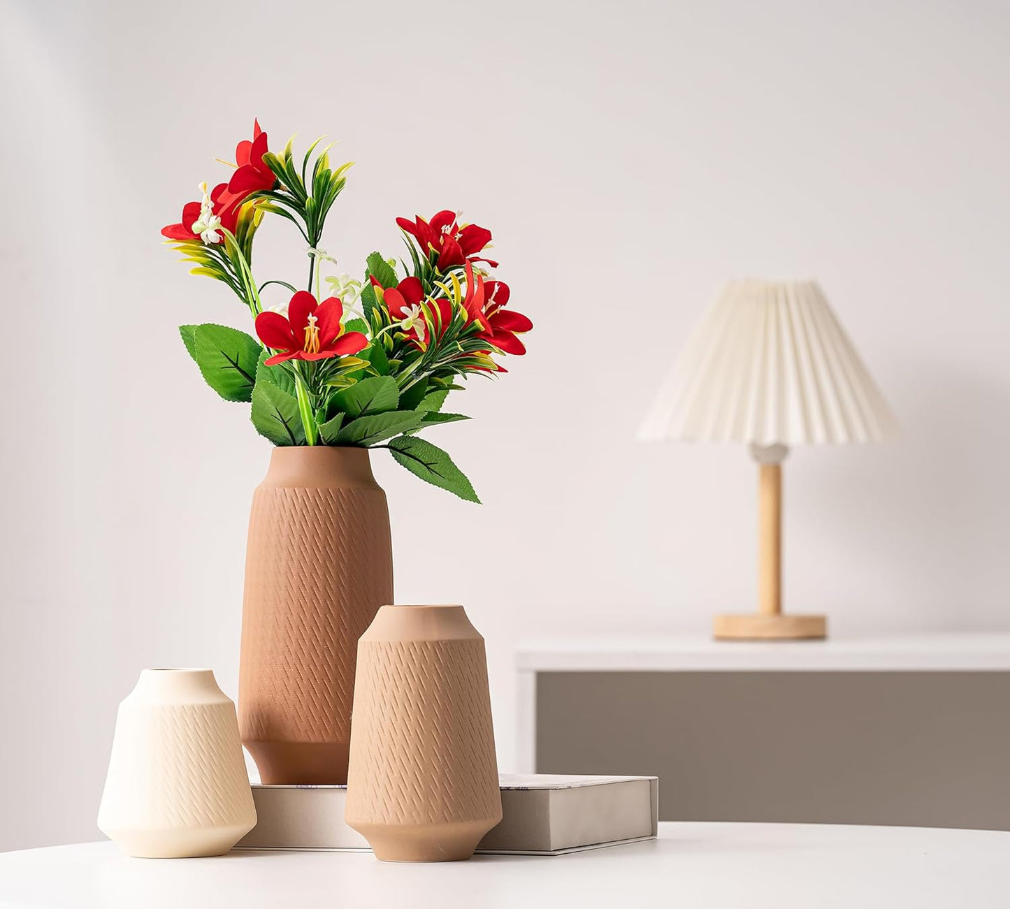 Ceramic Vase Set of 3, Wide Mouth Small Flower 9” Tall Vase Modern for Christmas Home Decor Table Centerpiece Farmhouse Decorative Colorful
