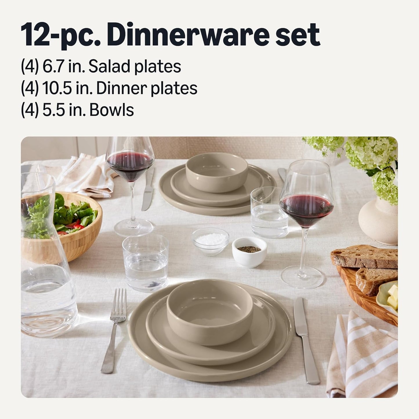 Amazon Basics Glazed Stoneware Dinnerware, 12-Piece Set, 4 Full Place Settings, Dishwasher-Safe, Linen Gray