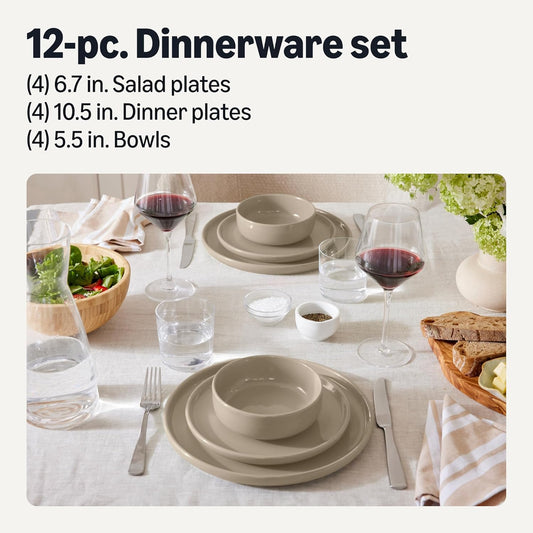 Amazon Basics Glazed Stoneware Dinnerware, 12-Piece Set, 4 Full Place Settings, Dishwasher-Safe, Linen Gray