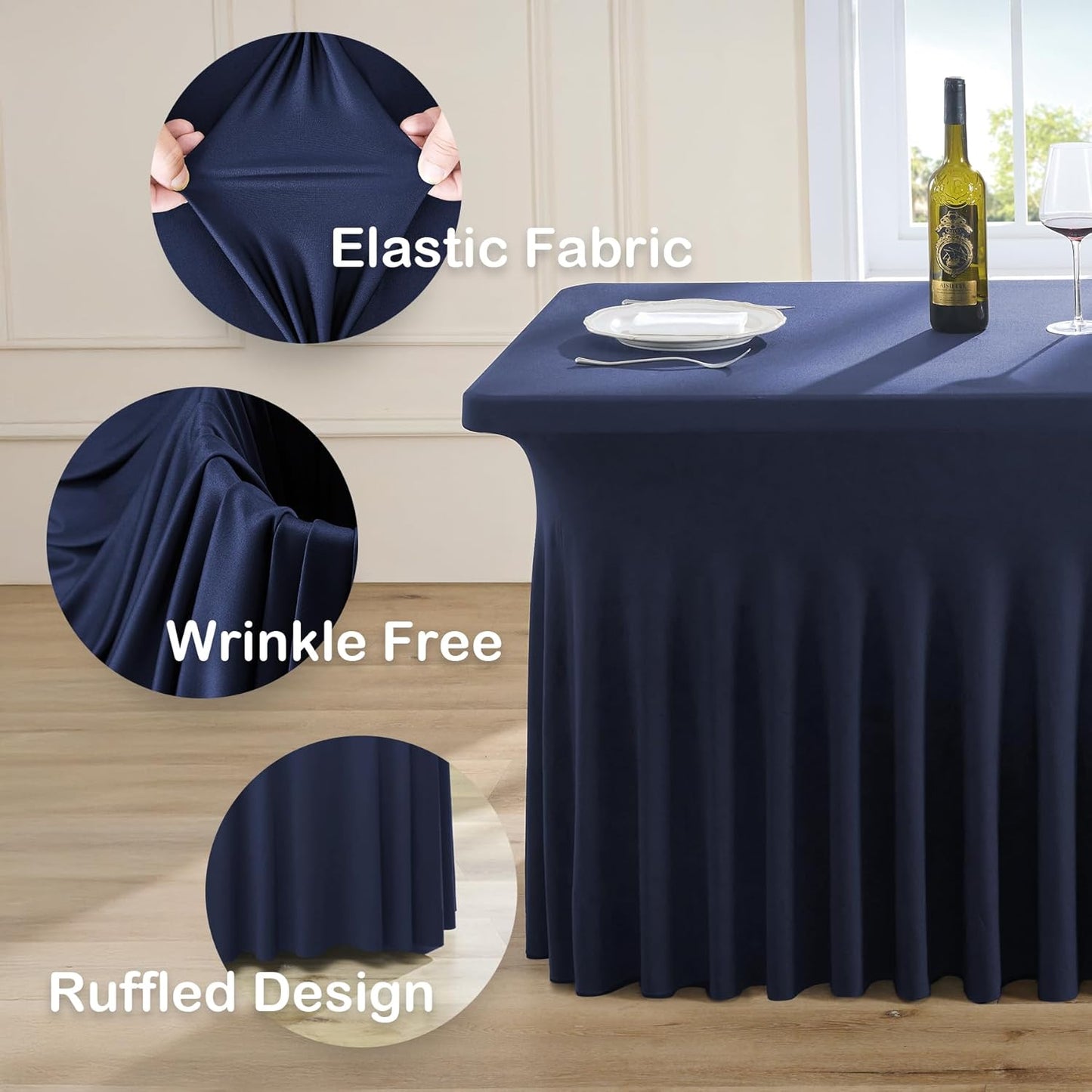 4pk Navy Blue Spandex Tablecloths 6ft for Rectangle Tables, Wrinkle Free Classy Table Skirt Stretchy Fitted Table Cloths Covers 6 Foot for Weddings Birthday Party Events Banquette Baby Shower