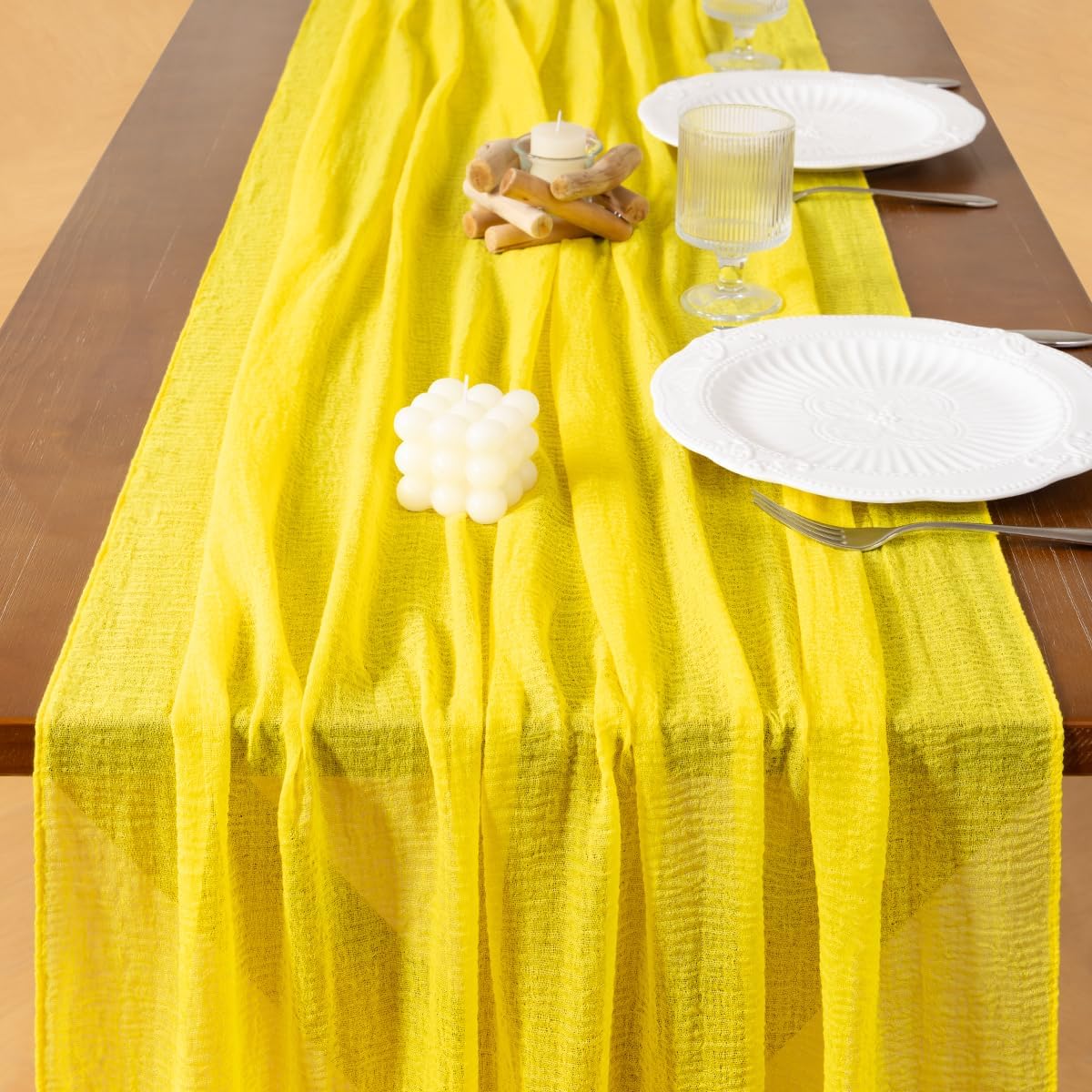 Socomi Yellow Cheesecloth Table Runner Fall Thanksgiving Gauze 120 Inch Rustic Boho Cheese Cloth Runner for Wedding Party Baby Bridal Shower Centerpiece Decoration Holiday Home Decorations