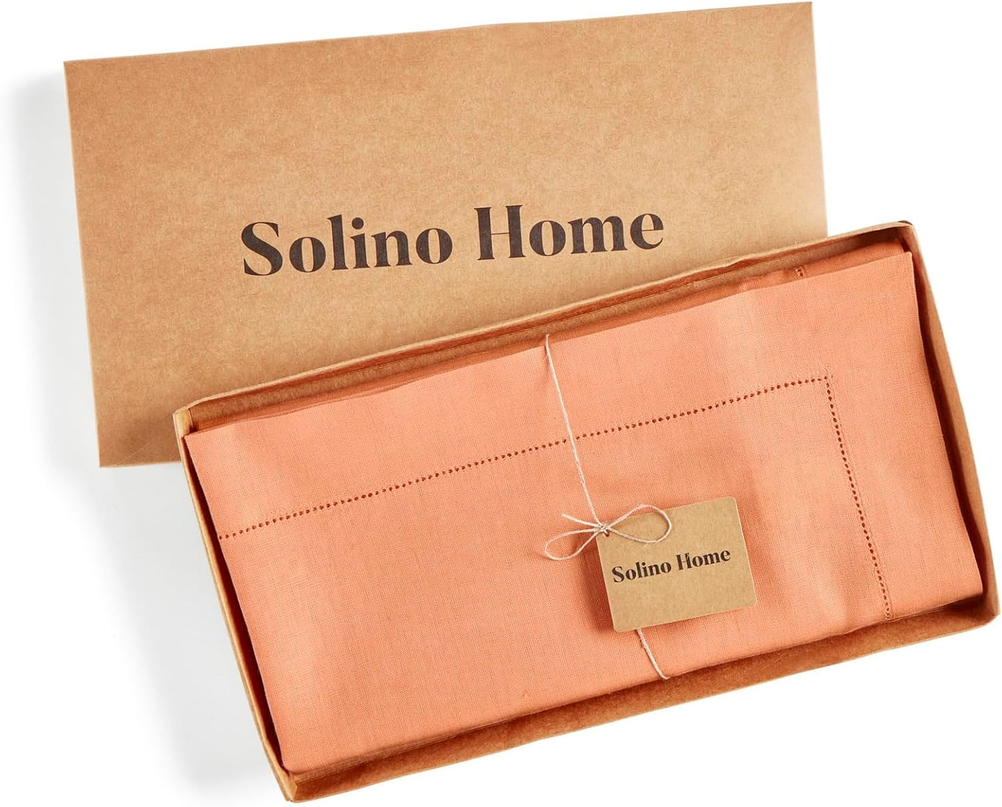 Solino Home Linen Tablecloth for Rectangle Tables 60 x 120 Inch - Classic Hemstitch 100% Pure Linen Coral Table Cloth - Machine Washable Cloth Tablecloth
