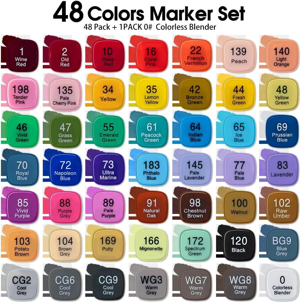 TRANSON Alcohol Markers for Drawing Coloring 48 Colors Dual-tip Fine and Brush Tips