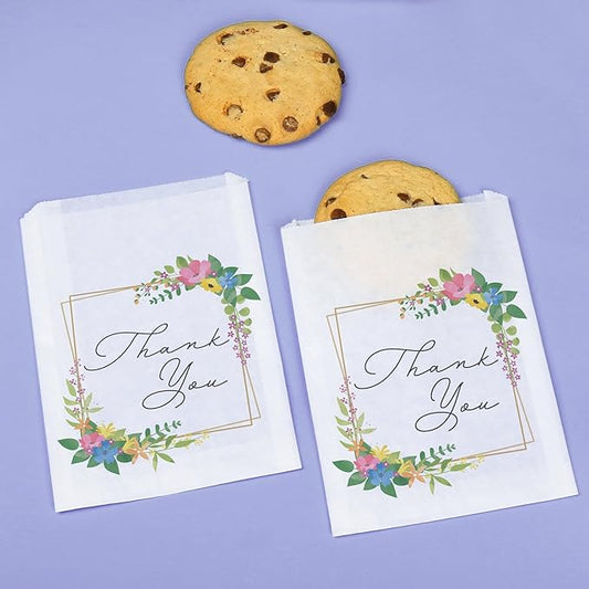 Big Dot of Happiness Wildflowers Thank You Paper Treat Bags, Boho Floral Bridal Shower or Wedding Party Individual Candy Snack Favors, Greaseproof White Sandwich Cookie Bags - 25 Count