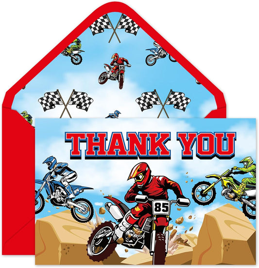 24 Pack Motorcyclist Thank You Cards Dirt Bike Greeting Cards With Envelopes Stickers Red Motocross Blank Note Card for Birthday Baby Shower