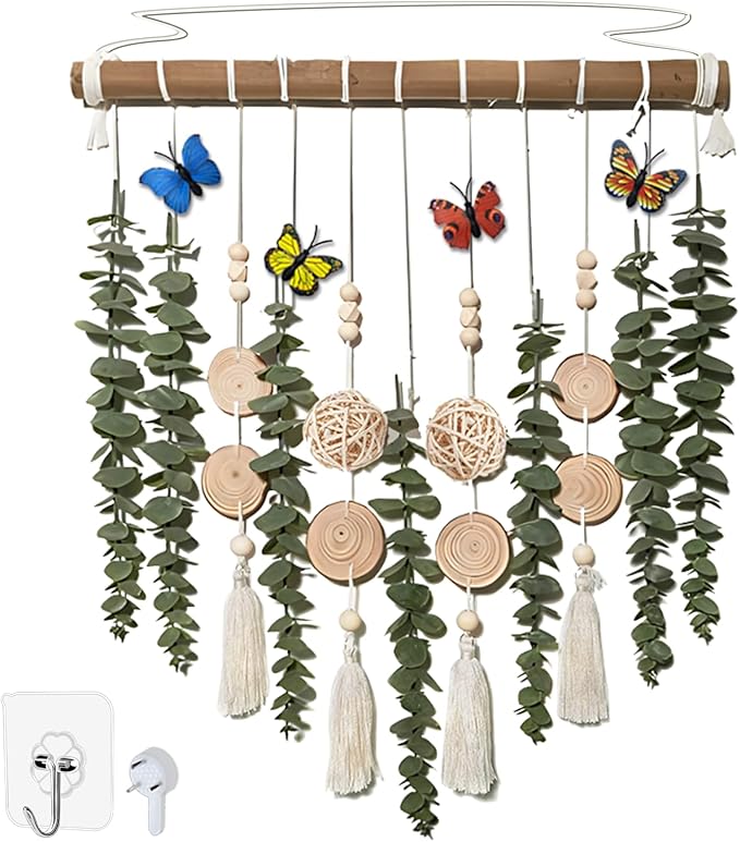 Artificial Eucalyptus Plant Green Leaves with Wooden Beads Garland Hanging Decoration for Wall Decoration,16.5" Fake Plants Bathroom Wall Decor,Kitchen Wall Decor