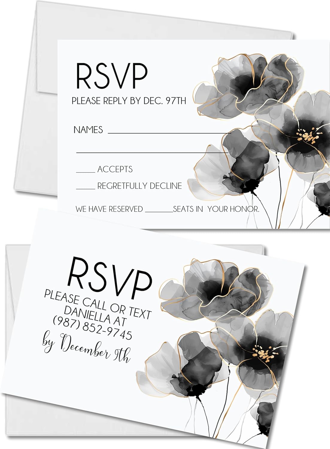 Black & White Wedding Invitations, Modern Black Design, Personalized, Set of 12 Invitations with Envelopes