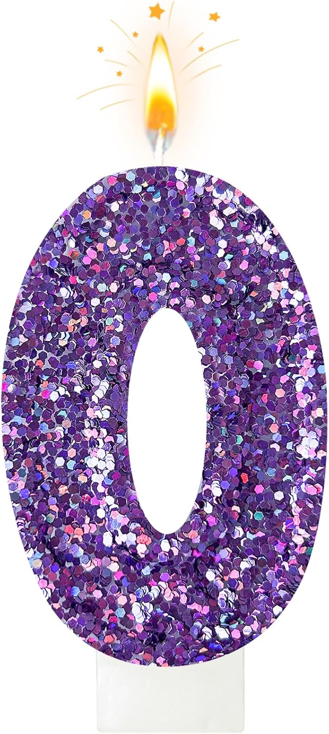 Birthday Number Candles, Glitter Number Candle Cake Decorations with Sequins, Cupcake Decorations for Girls, Women, Party Anniversary Celebrations (Number 0, Purple)