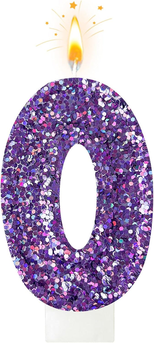 Birthday Number Candles, Glitter Number Candle Cake Decorations with Sequins, Cupcake Decorations for Girls, Women, Party Anniversary Celebrations (Number 0, Purple)