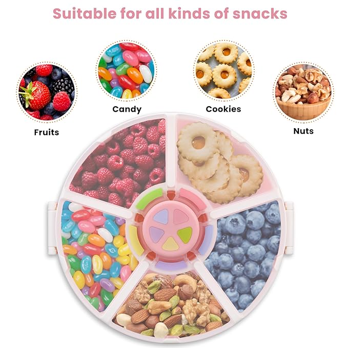 Snack Rotator Container Reusable Snack Box with 5 Compartment Dispenser and Lid, Color Matching Opening Lid, BPA and PVC Free, for Home, School, Travel (2 Pack- Pink)