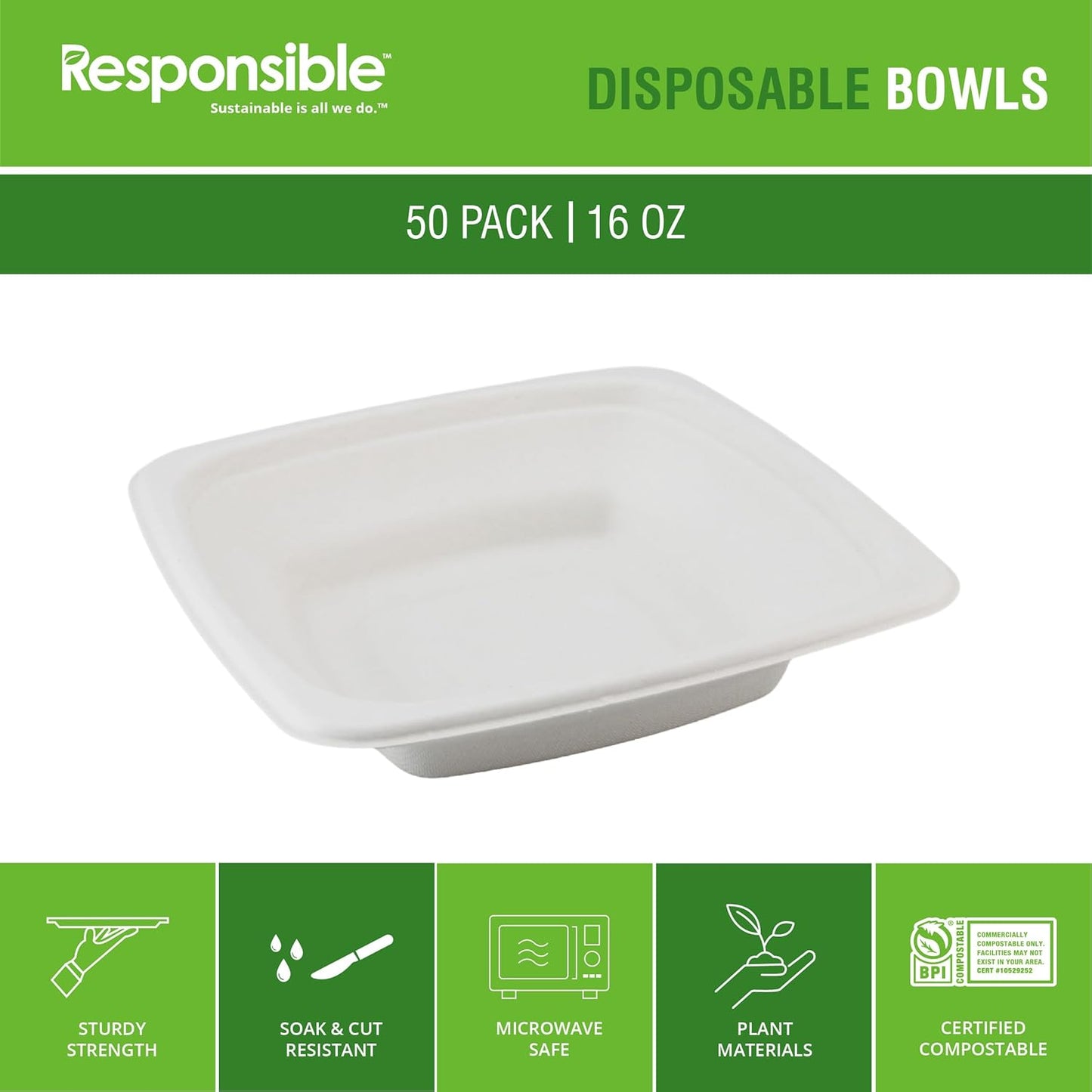 100% Compostable Square Serving Bowls, 16 oz Disposable Paper Bowls, Microwave Safe, Freezer Safe, Soup Safe, No Plastic, Eco-Friendly, Tree-Free, No PFAS. White (50 Count)