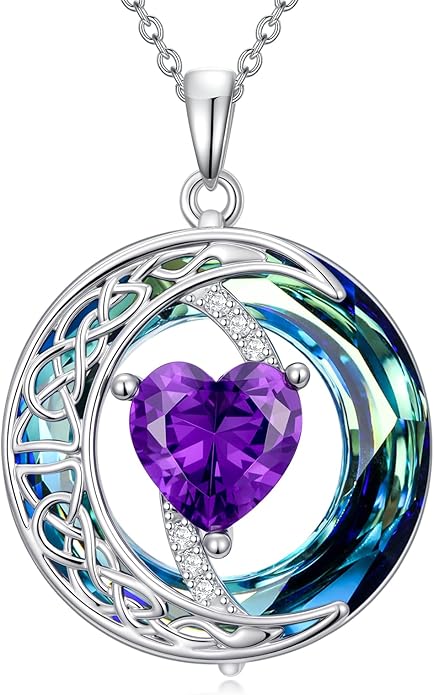 Valentines Day Gifts for Women, Birthstone Necklace for Women, Celtic Moon Pendant Blue Crystal Necklace Heart Jewelry Anniversary Jewelry Gift for Daughter Wife Mother Sister
