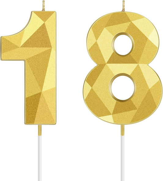 18th Birthday Candles, Gold 3D Diamond Shape Number 18 Candles Happy Birthday Cake Topper Decoration for Wedding Decor Theme Party Anniversary, 2 Inch