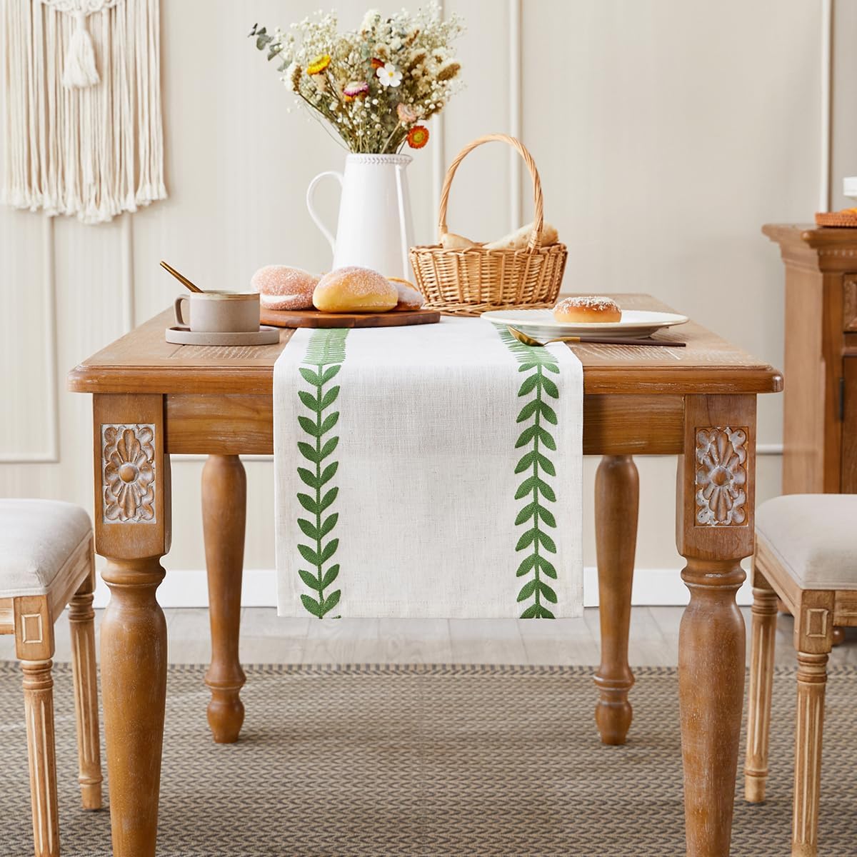 Wracra Embroidered Table Runner Irregular Willow Leaf Table Runners 108 Inches Long for Dresser Home Dining Table Decor,14 x 108 Inch, Green