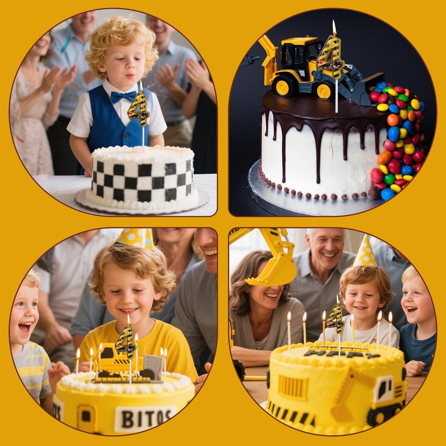 Construction Birthday Number Candles, Yellow & Black Striped Cake Topper Building Theme Party Decorations for Graduation Anniversary Celebration (Number 4)