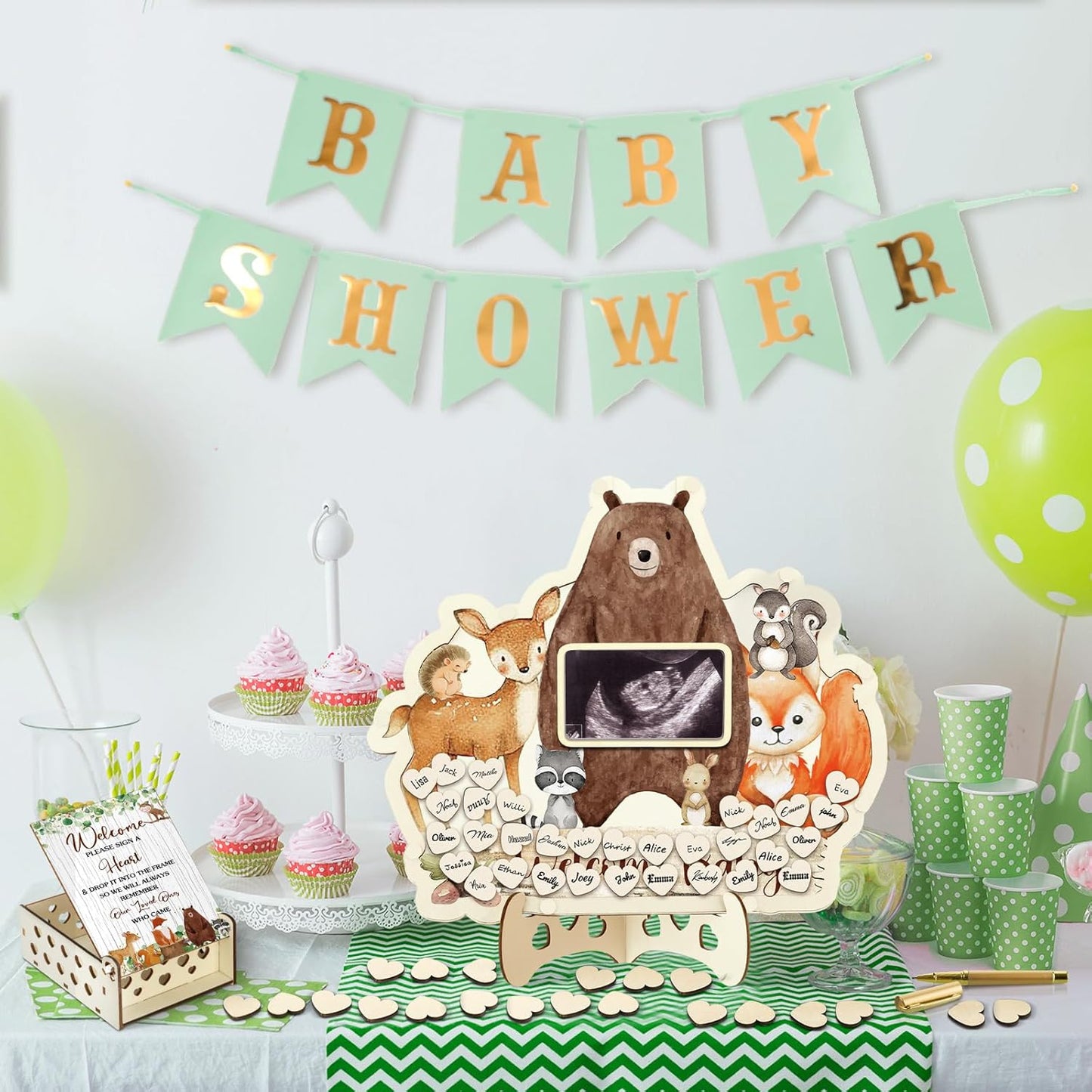 Wenqik 63 Pcs Woodland Animal Baby Shower Guest Book Alternatives Set Baby Shower Decorations with Photo Frame Sonogram Frame Keepsake 60 Wood Slices Guest Book for Birthday