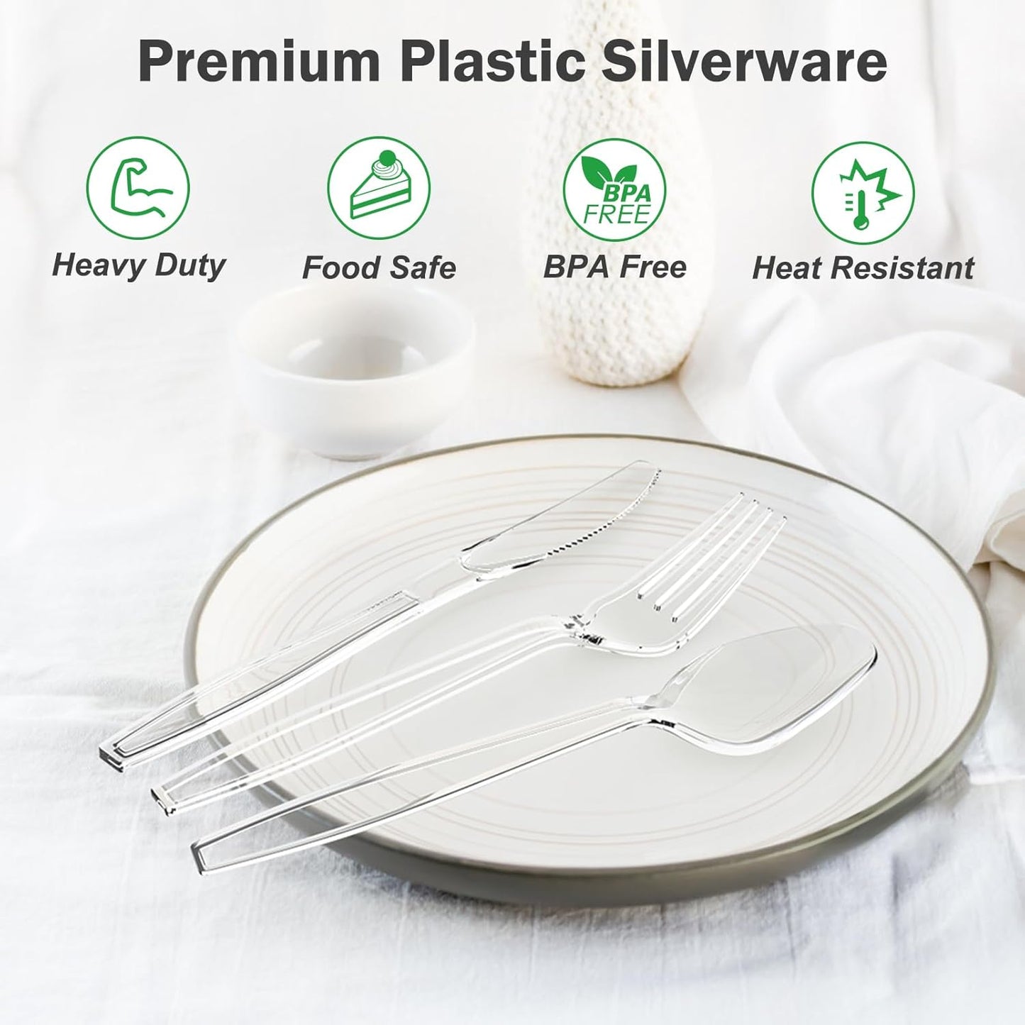 300 Count Extra Heavy Duty Clear Plastic Silverware, 100 Forks, 100 Spoons, 100 Knives, BPA-Free, Heat Resistant, Disposable Plastic Utensils Set, Plastic Cutlery Set, Plasticware Bulk