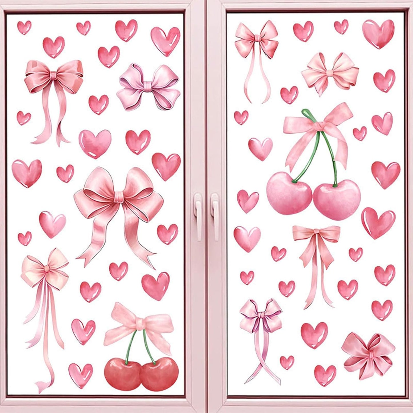 58pcs Bowtie and Cherry Room Decor Pink Wall Stickers and Decals for Bedroom Bathroom and Living Room Cherry Wall Sticker and Decal Bow Decor